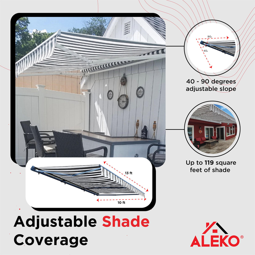 Grey White Striped Motorized Retractable Patio Awning I37924