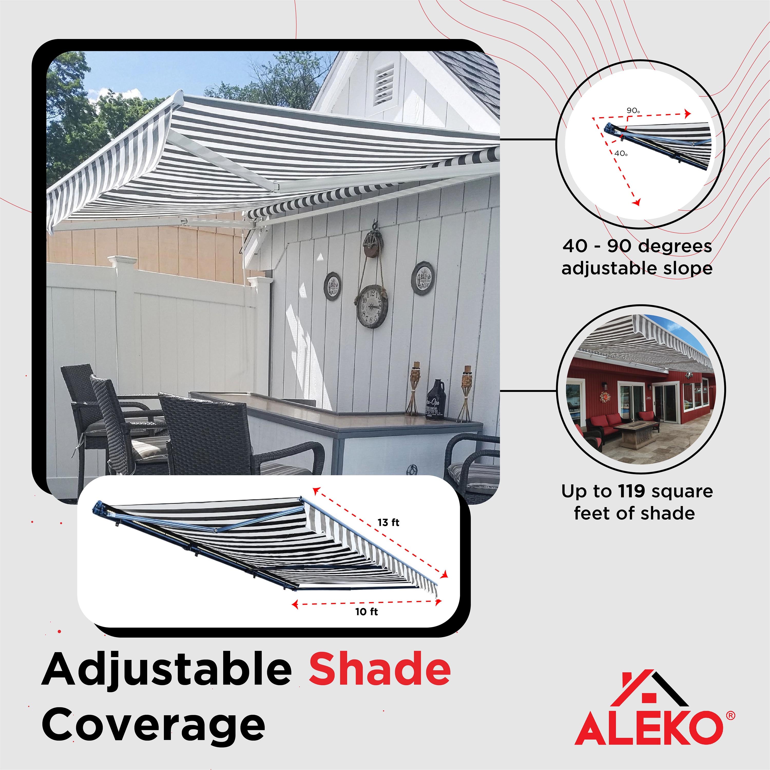 Grey White Striped Motorized Retractable Patio Awning I37924