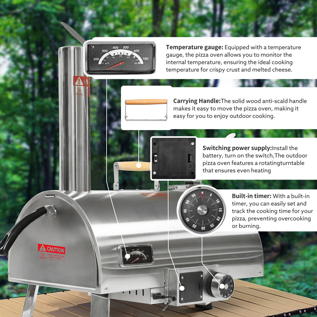 12" Stainless Steel Wood Fired Portable Pizza Oven with Built-in Thermometer Carry Bag A963145