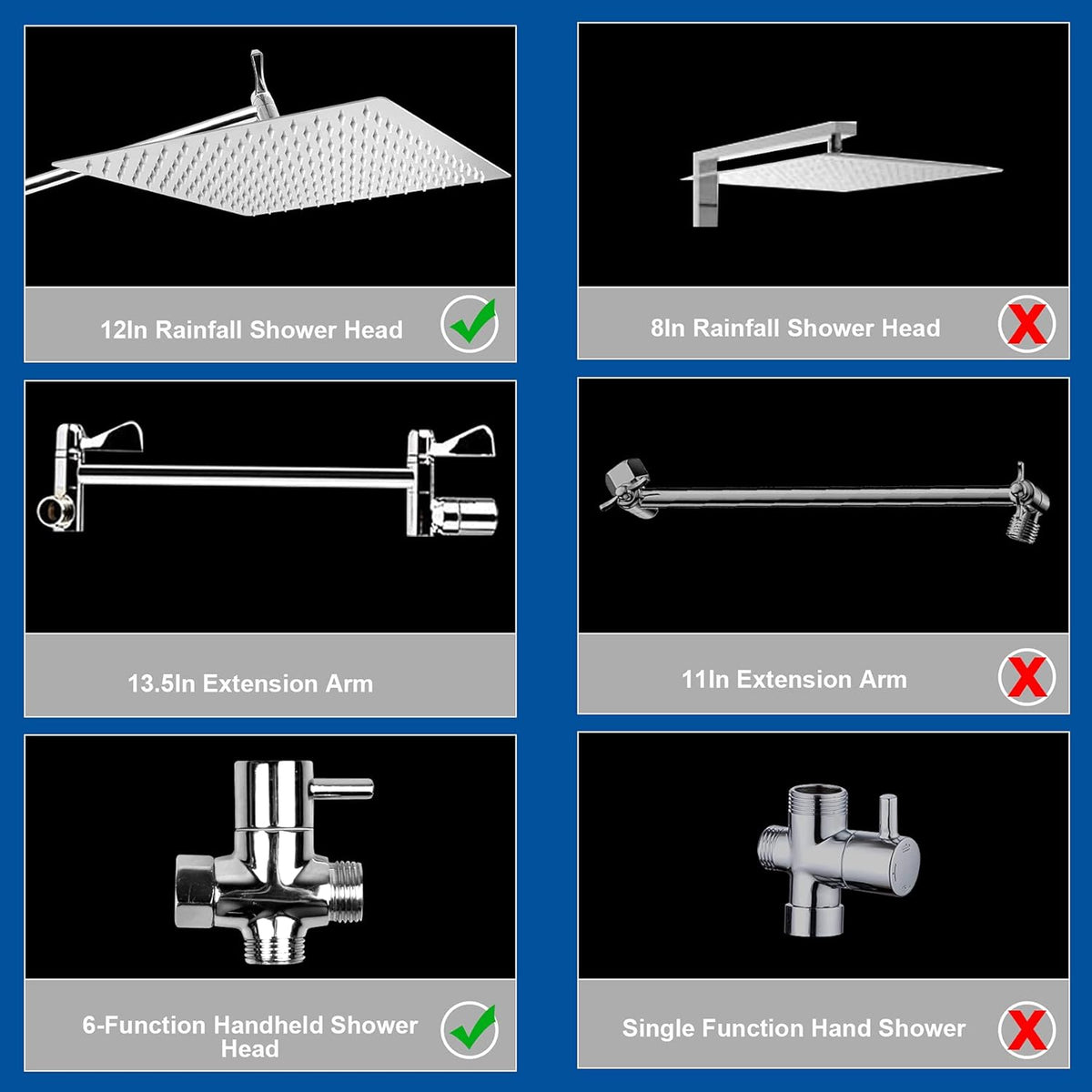 12 Inch Square Rain Shower Head with Handheld Shower Combo, 13.5" Extension Arm, 6-Setting Handheld Showerhead with Hose & Holder, Pack of 2 F8122