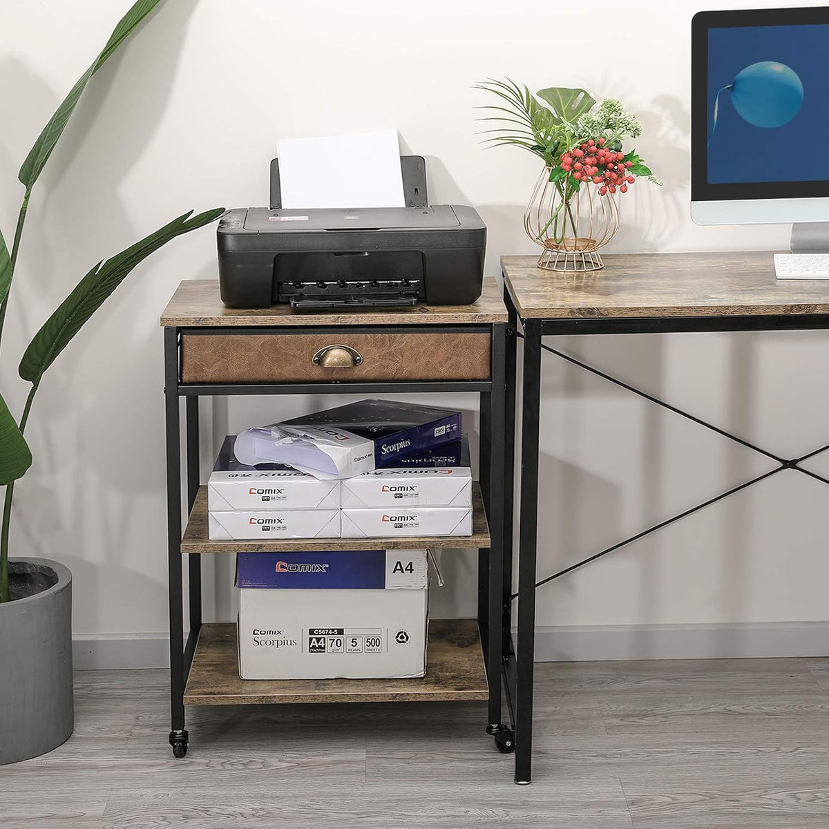 Rustic Brown 3 Tier Mobile Printer Stand with Storage Drawer M740646