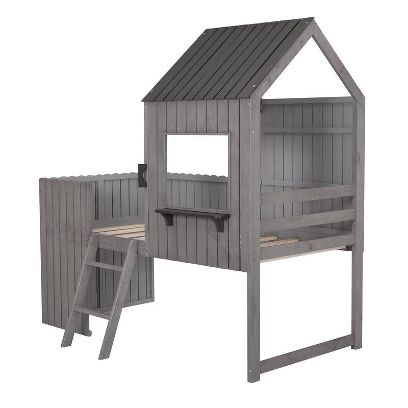Twin Wood Loft Bed with Guardrail and Ladder H375