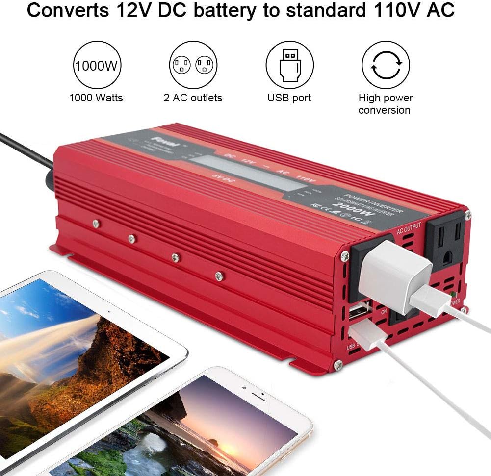 Power Inverter 1000W/2000W Dual AC Outlets Dual USB Charging Ports DC 12V to 110V AC Car Converter with Digital Display Pack of 2 R179