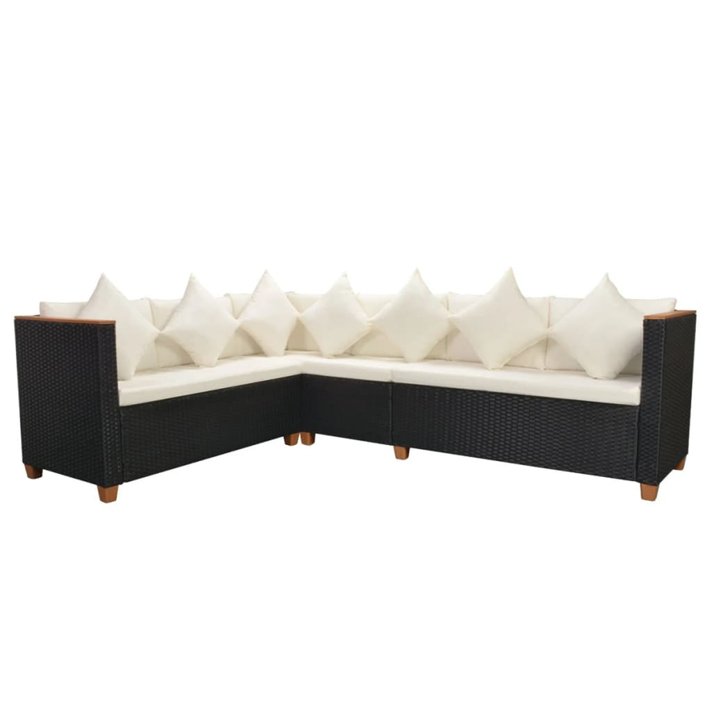 4 Piece Patio Lounge Set with White Cushions Black Poly Rattan 2-Seater Sofas with Corner Sofa and Coffee Table Q762