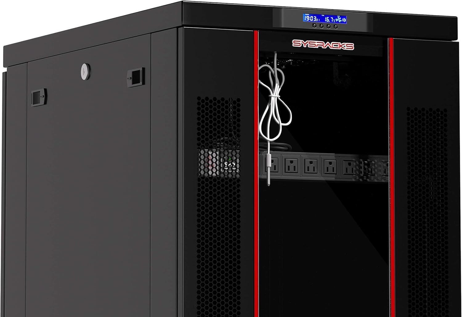 Locking Server Rack Cabinet Enclosure on Casters with Rack Shelf and Cooling Fan Thermostat C2675