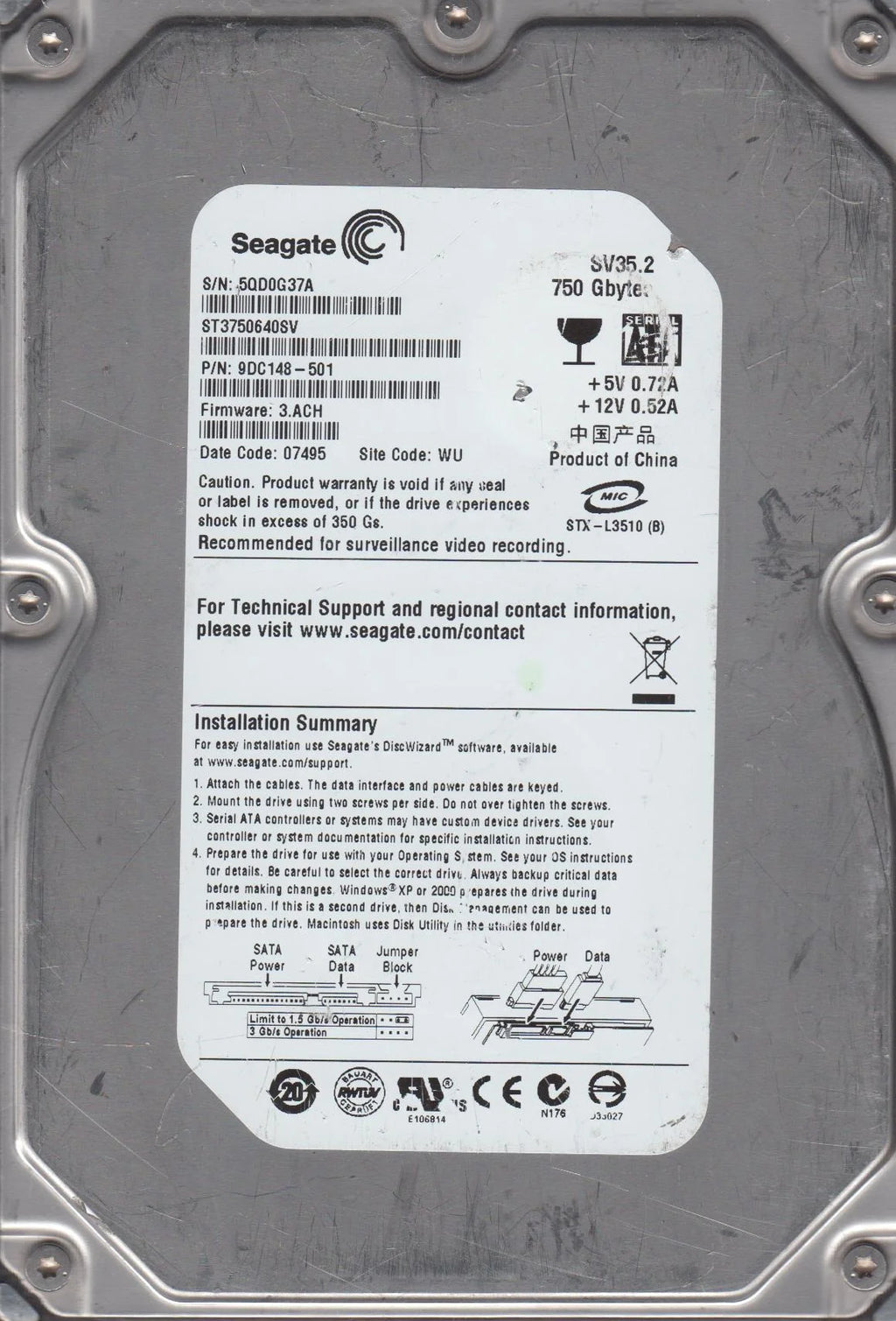 750GB SATA 3.5 Hard Drive U982