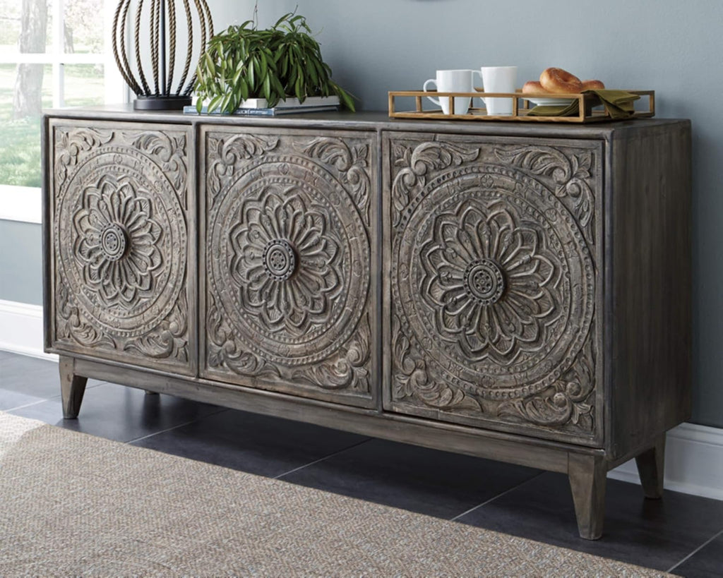 Dark Gray Hand Carved Wood Accent Cabinet Z678634