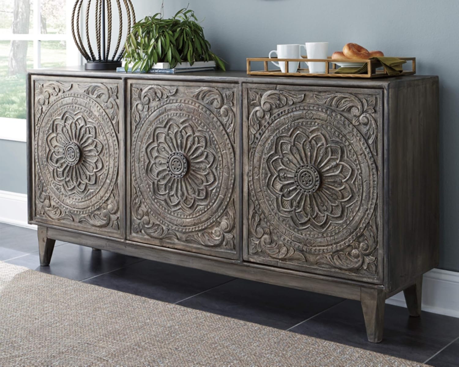 Dark Gray Hand Carved Wood Accent Cabinet Z678634