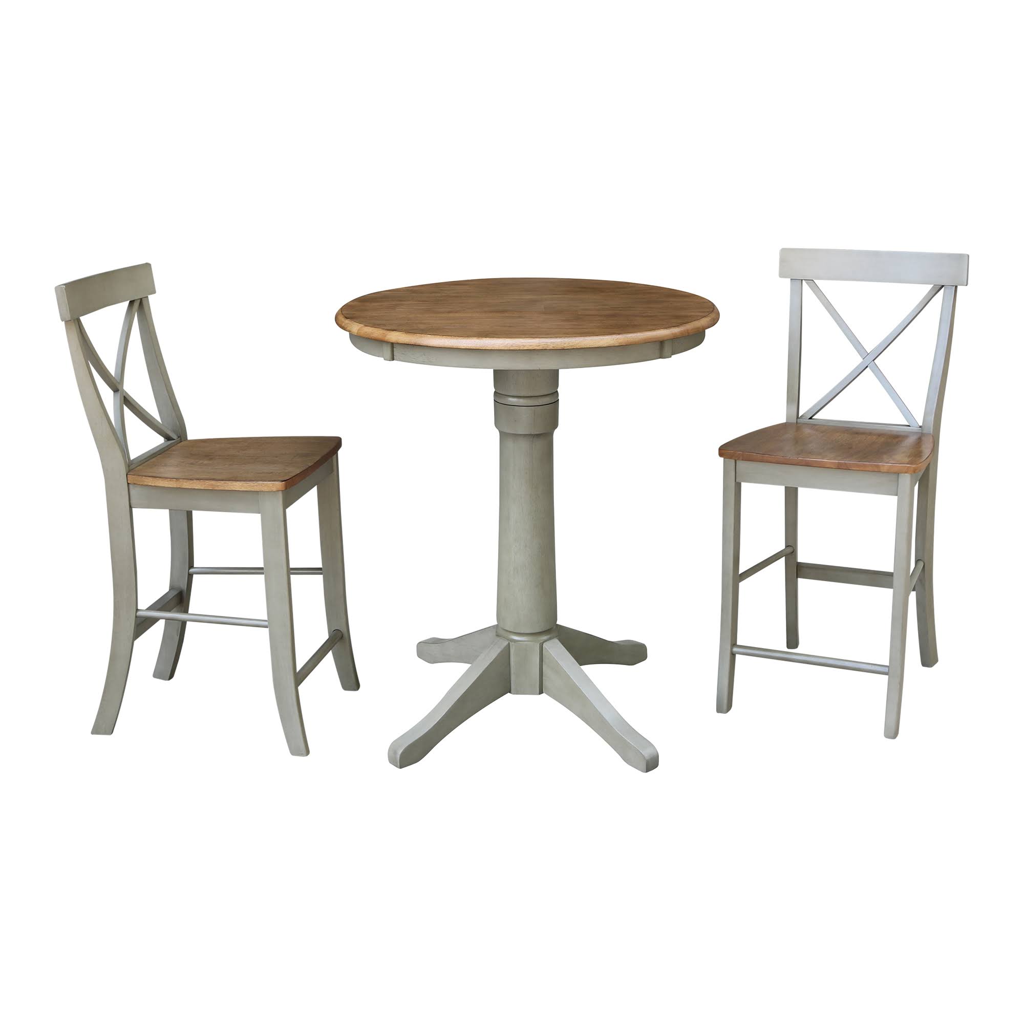 30 in. Round Pedestal Gathering Table with 2 Counter Height Stools Hickory I221663