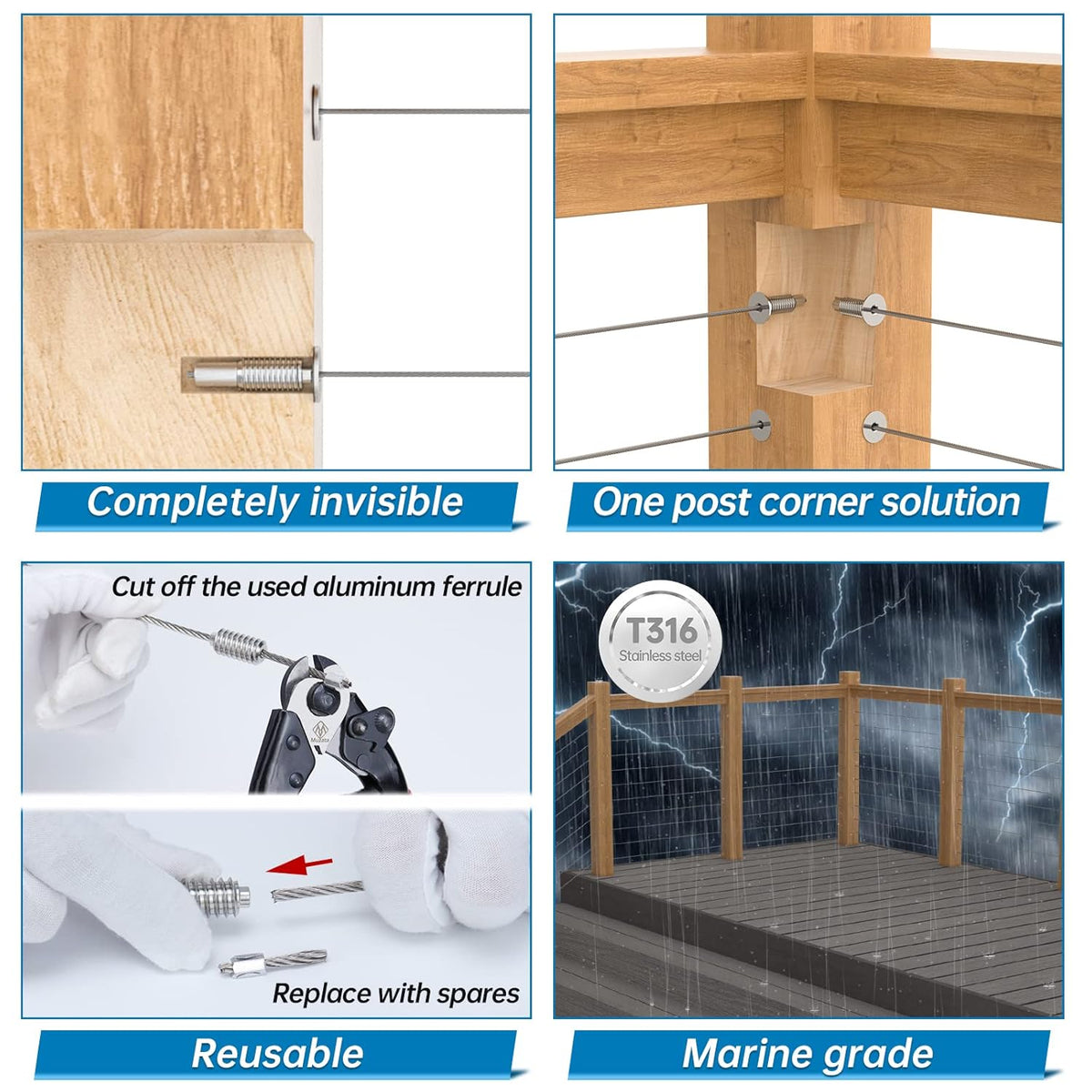 20Pack 1/8" Invisible Cable Railing Kit T316 Stainless Steel for Wood Posts Deck Stairs 10 Cable Lines H7689