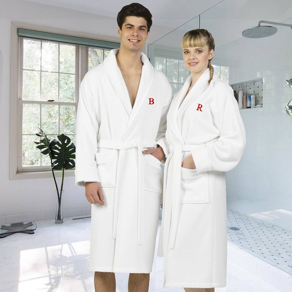 White Turkish Cotton Waffle Terry Bathrobe with Satin Piped Trim L691