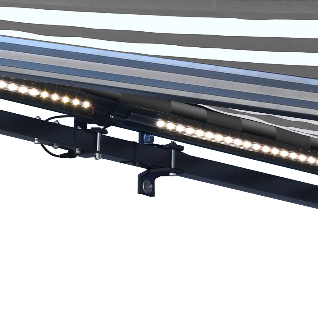 Grey White Striped Motorized Retractable Patio Awning I37924