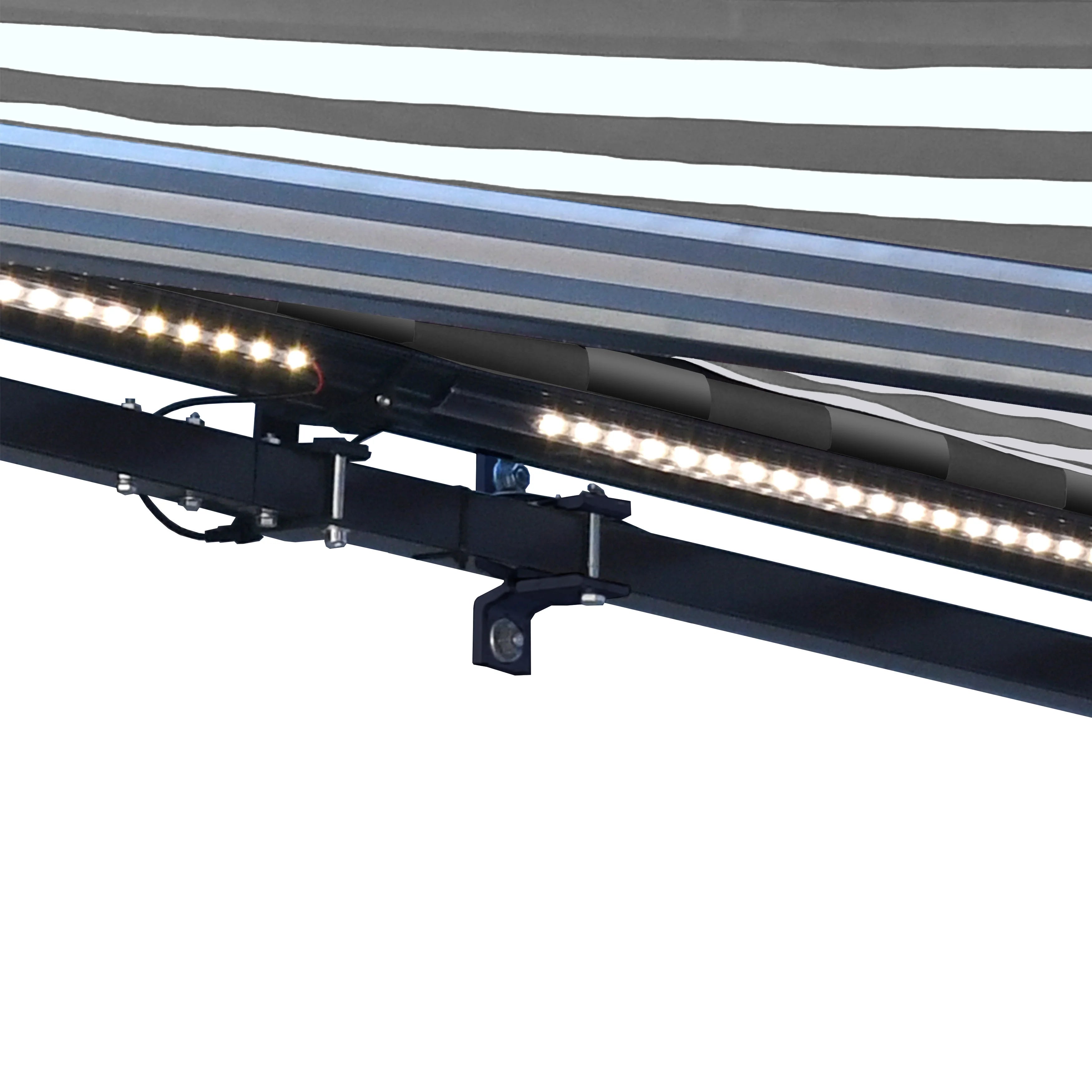 Grey White Striped Motorized Retractable Patio Awning I37924