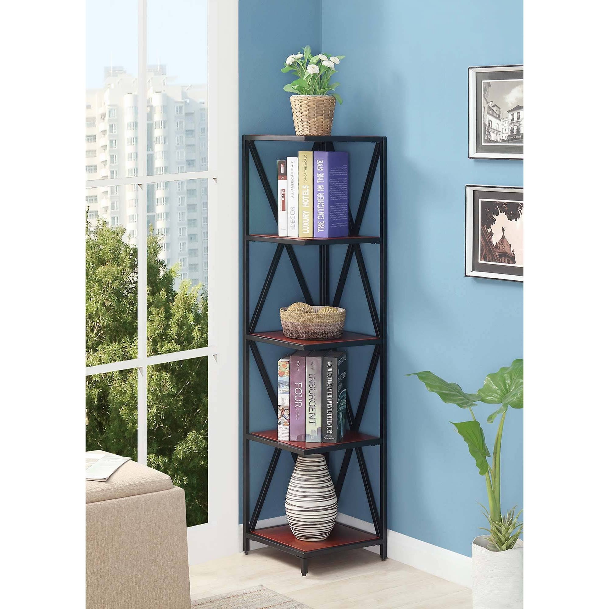 Cherry/Black Metal 5 Tier Corner Bookcase J913