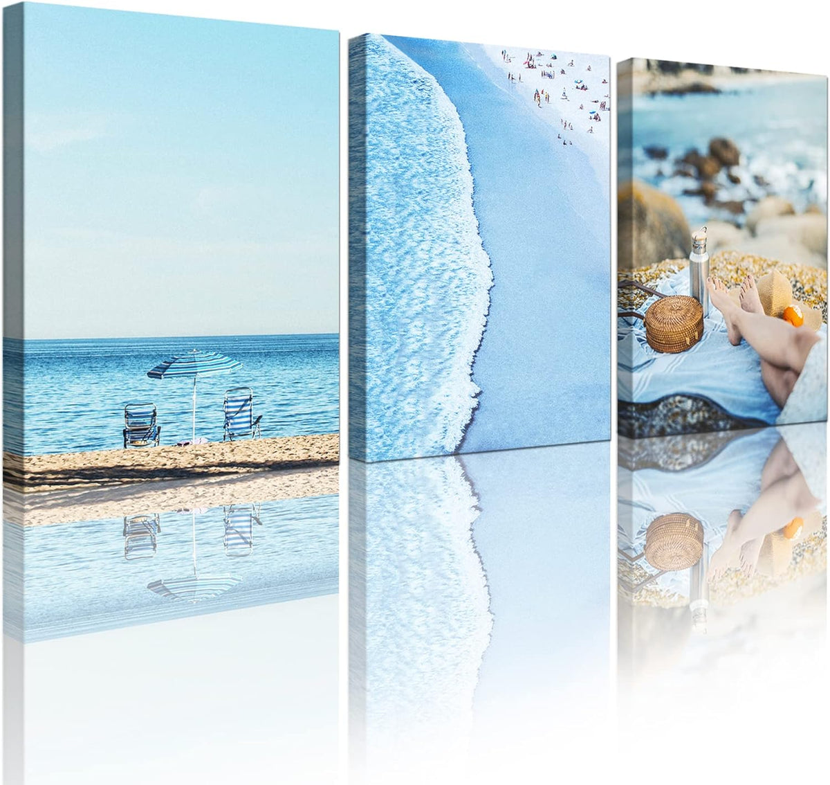 Seashell Beach Painting Seascape Coastal Blue Waves Canvas Print 12x16 inch x 3 Panels G94833