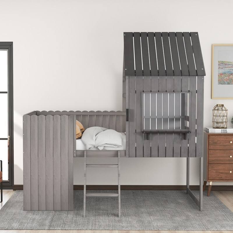 Twin Wood Loft Bed with Guardrail and Ladder H375