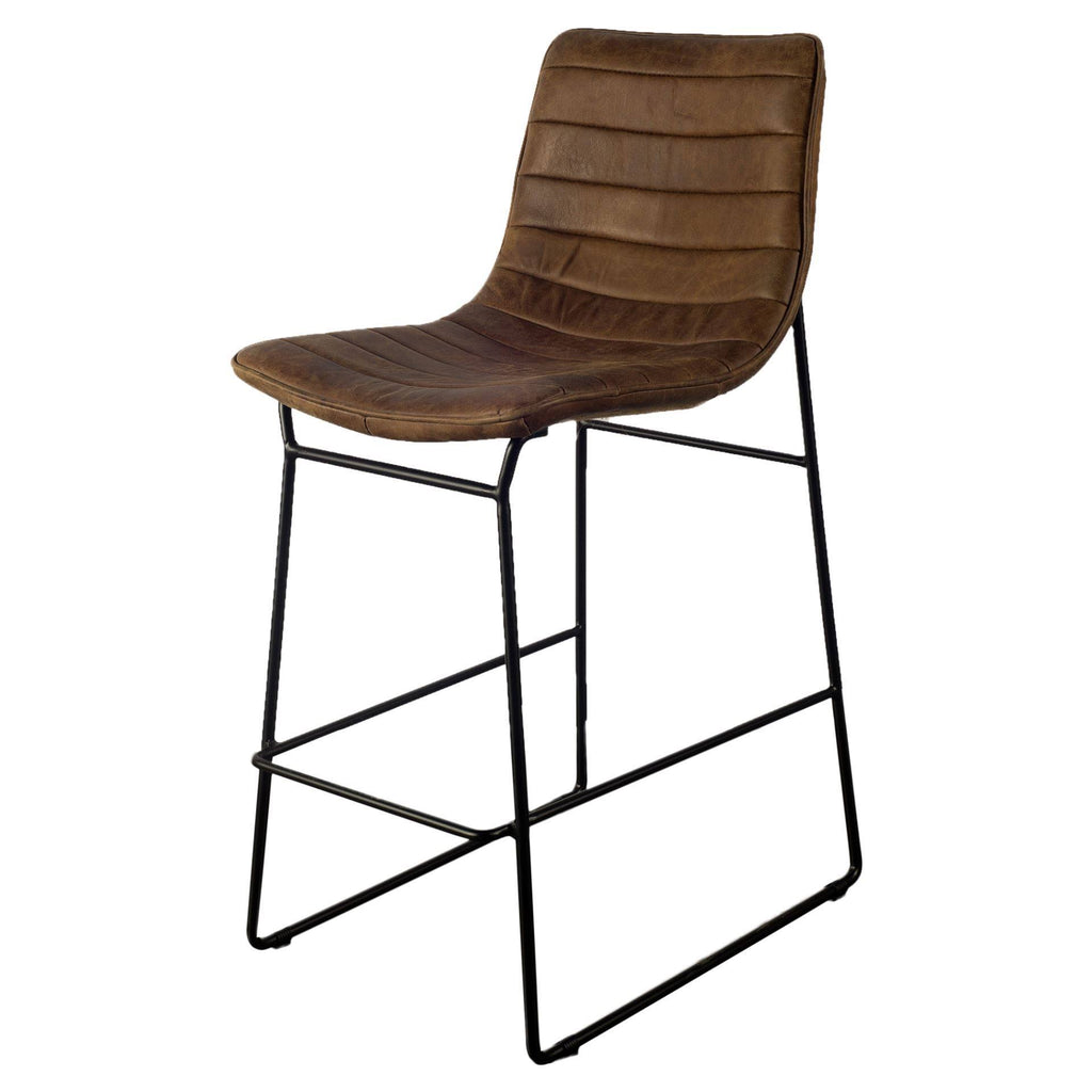 Brown Leather Seat Black Metal Frame Stool I463548