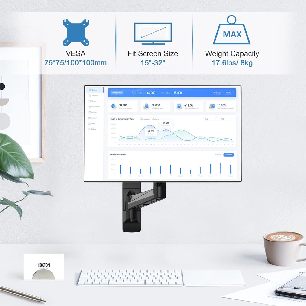 Single Wall Monitor Mount, Fully Adjustable Ultrawide Wall Mounted Monitor Arm, Full Motion Computer Wall Mount with Extendable Arm, Pack of 2 E16515