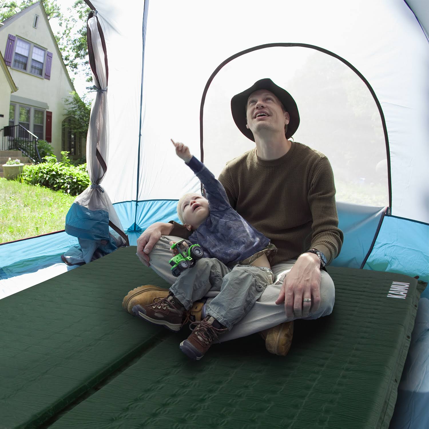 Green Self Inflating Sleeping Pad 2 inch Thick Foam Connectable V7813