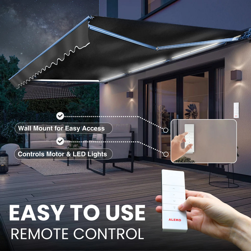 Grey White Striped Motorized Retractable Patio Awning I37924