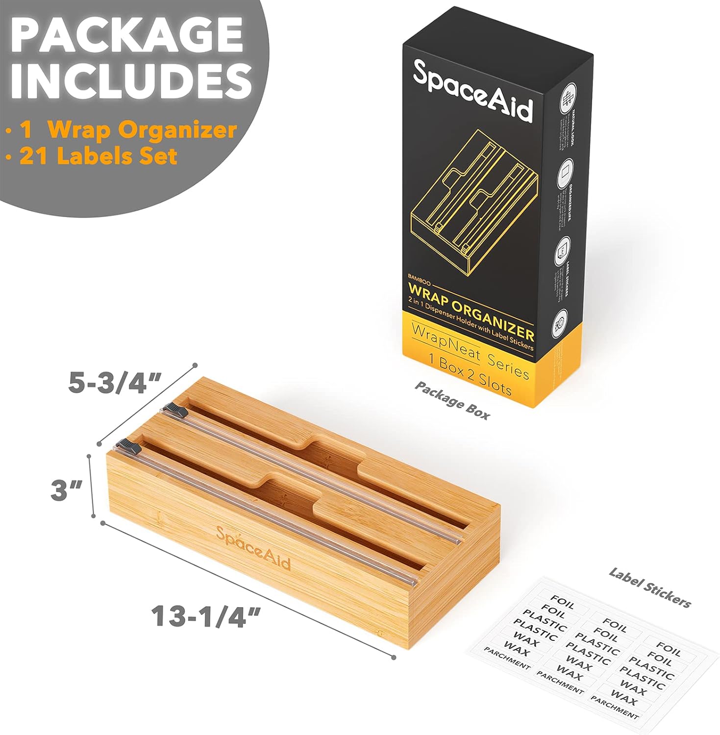 2 in 1 Wrap Dispenser with Cutter and Labels, Bamboo Roll Organizer Holder, Pack of 2 U319838