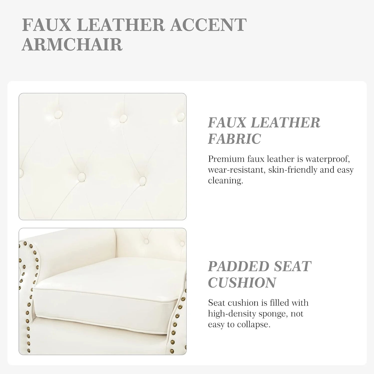 Ivory Faux Leather Accent Chair with Solid Wood Legs L17162