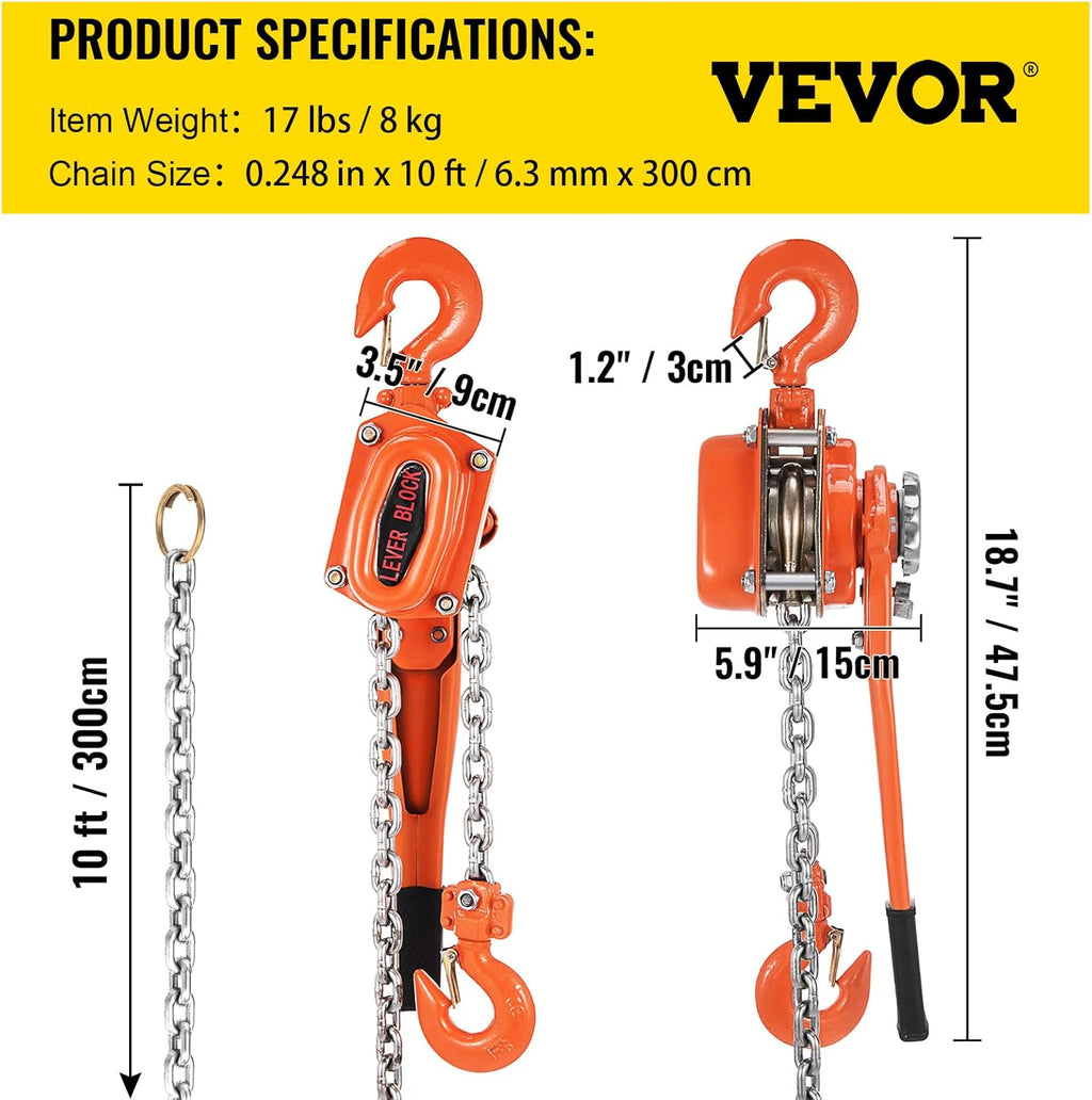 0.75Ton 1650lbs Capacity Ratchet Puller with 10FT Lifting Height, Heavy Duty Steel Hooks, Pack of 2 C599