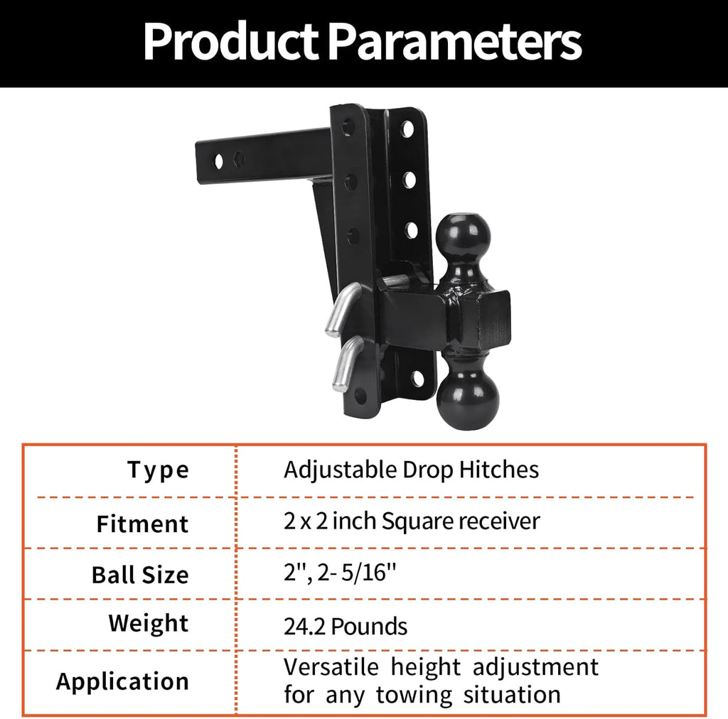 Adjustable Trailer Hitch Ball Mount, 2’’ Receiver, 8’’ Drop/Rise, Dual Balls, 10,000 lbs Capacity, Black Powder Coated Steel W88904