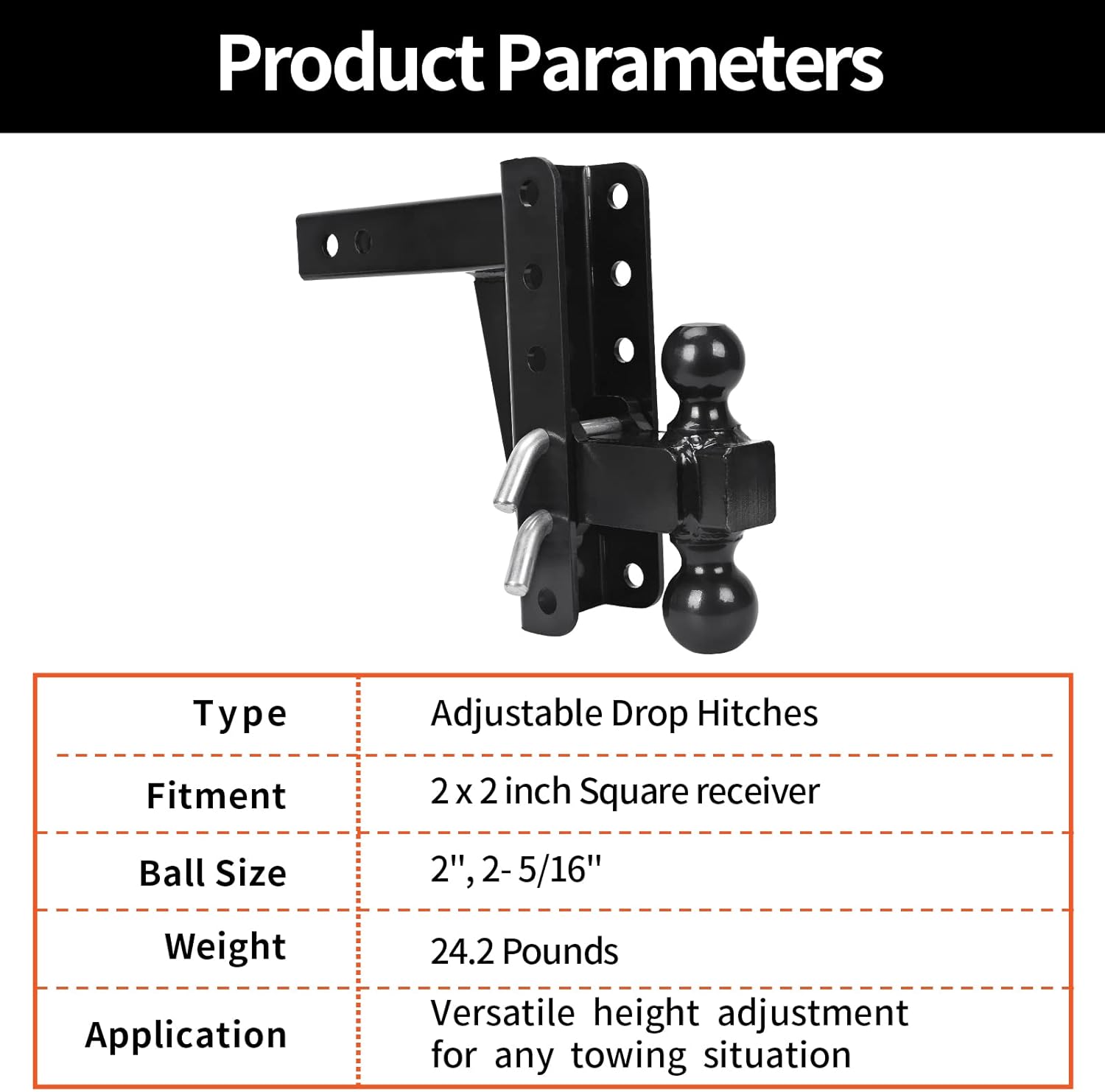 Adjustable Trailer Hitch Ball Mount, 2’’ Receiver, 8’’ Drop/Rise, Dual Balls, 10,000 lbs Capacity, Black Powder Coated Steel W88904