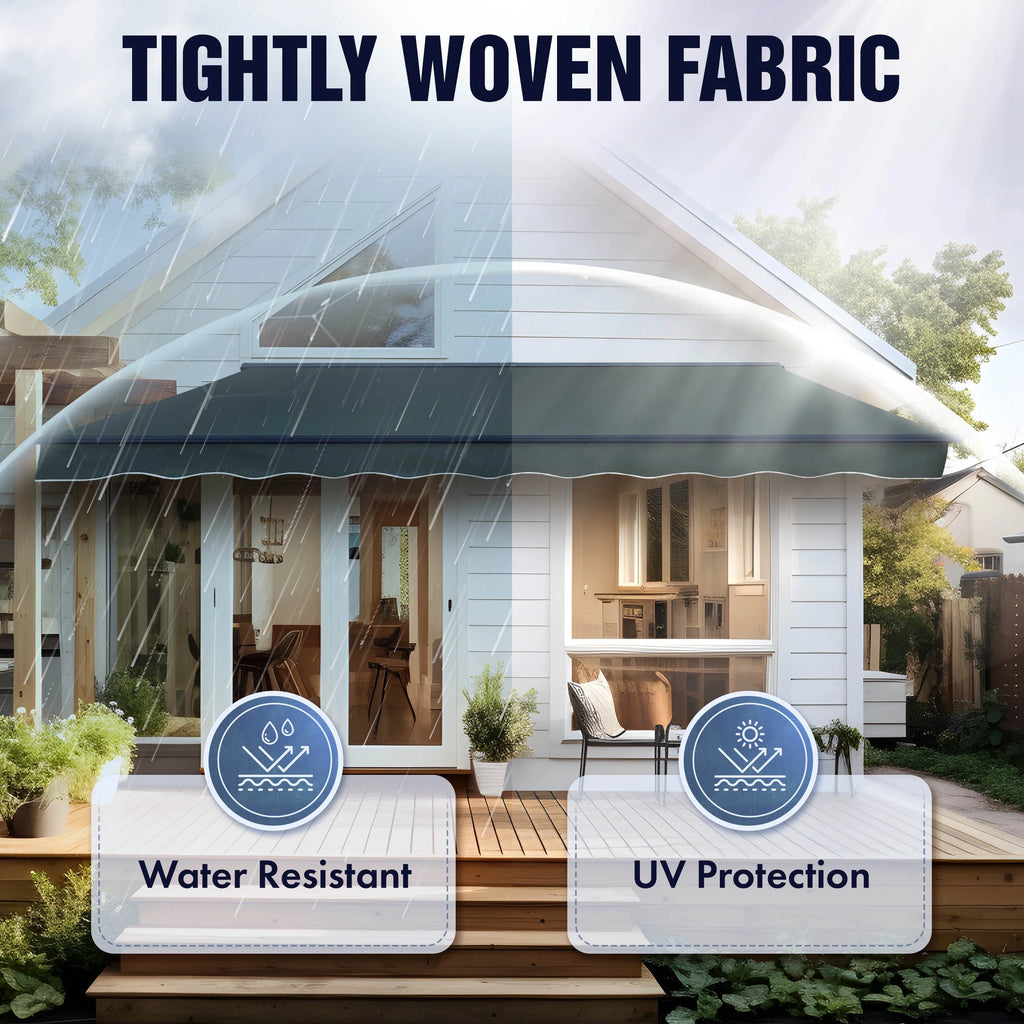 Grey White Striped Motorized Retractable Patio Awning I37924