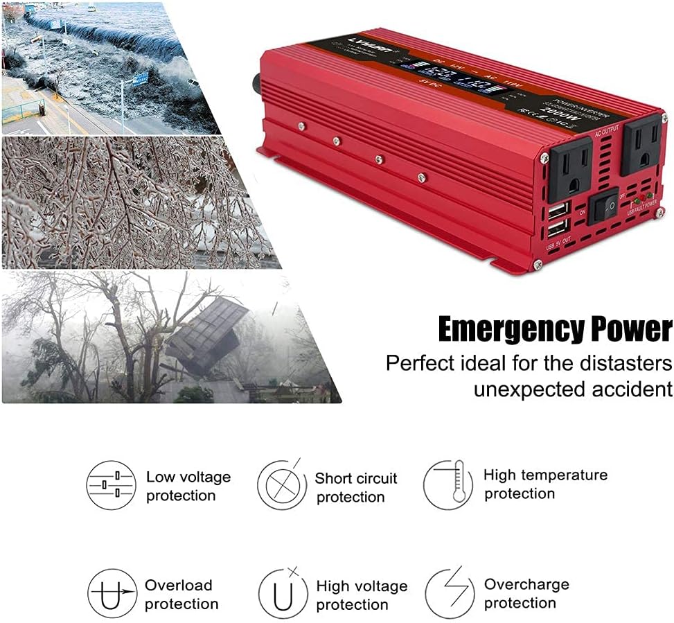 Power Inverter 1000W/2000W Dual AC Outlets Dual USB Charging Ports DC 12V to 110V AC Car Converter with Digital Display Pack of 2 R179