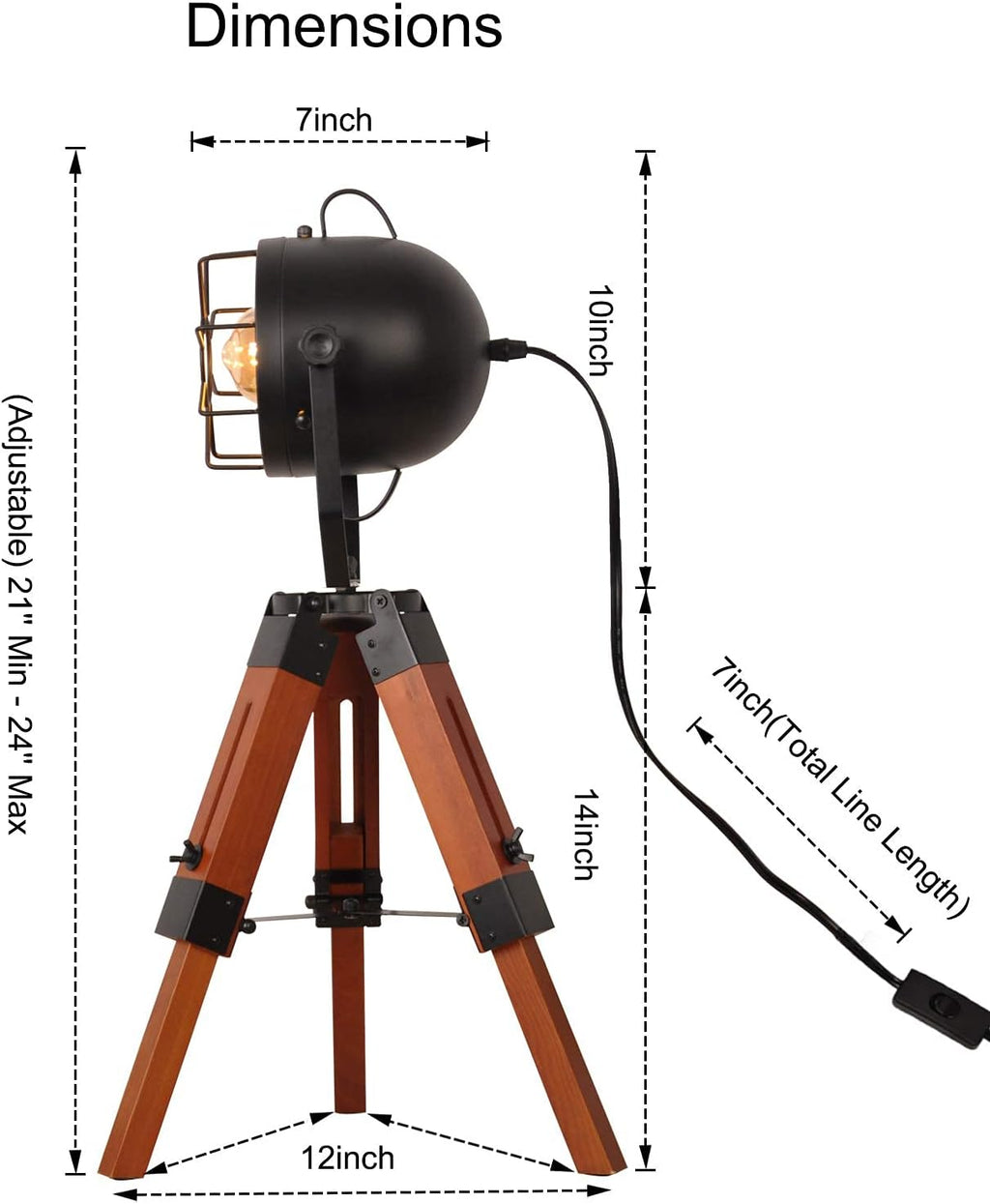 Vintage Adjustable Wood Tripod Floor Lamp with Black Cage Lampshade I835