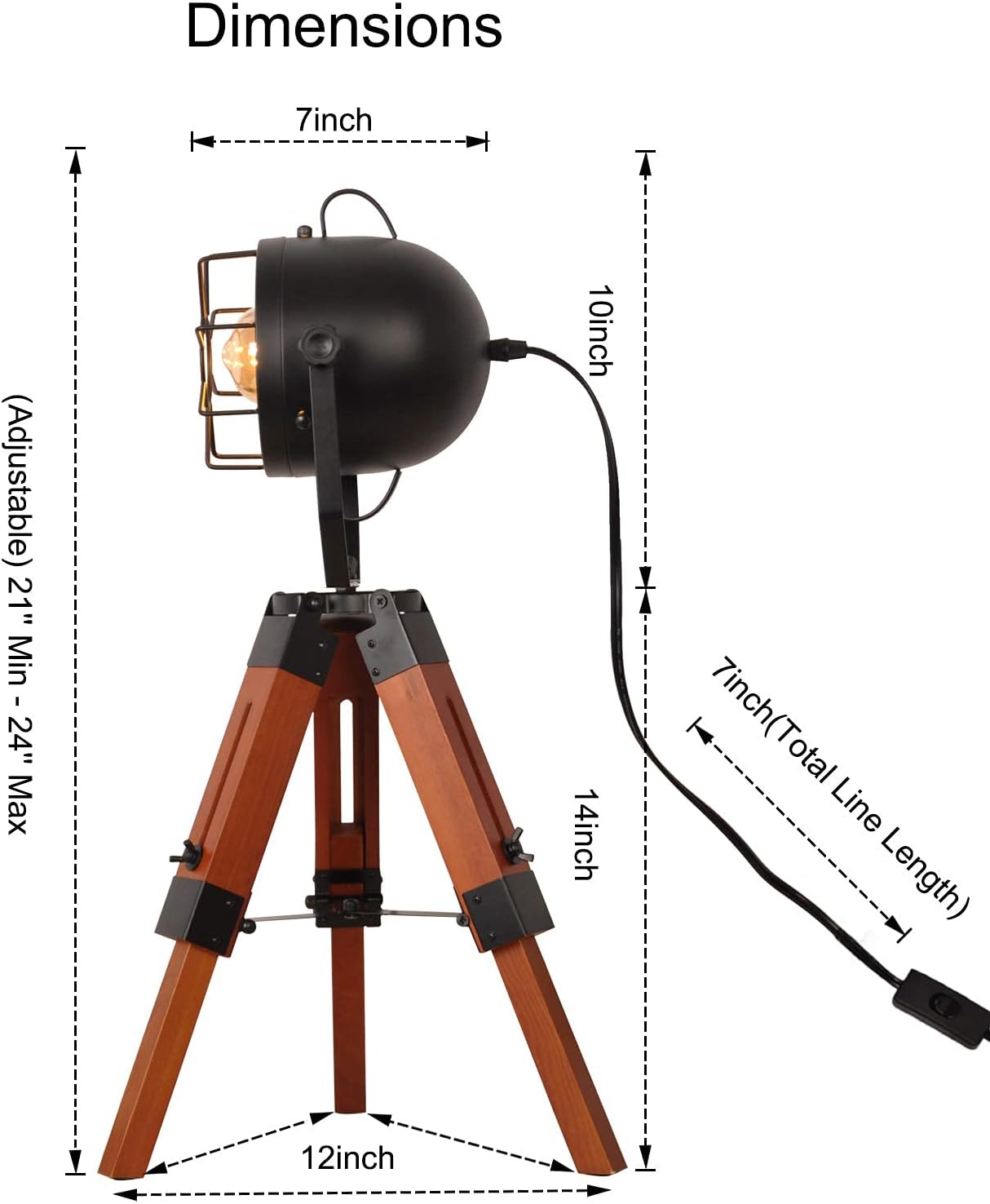 Vintage Adjustable Wood Tripod Floor Lamp with Black Cage Lampshade I835