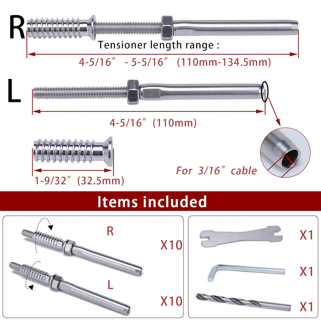 10Pair 3/16 T316 Cable Railing Kit Threaded Stud Hardware Y221