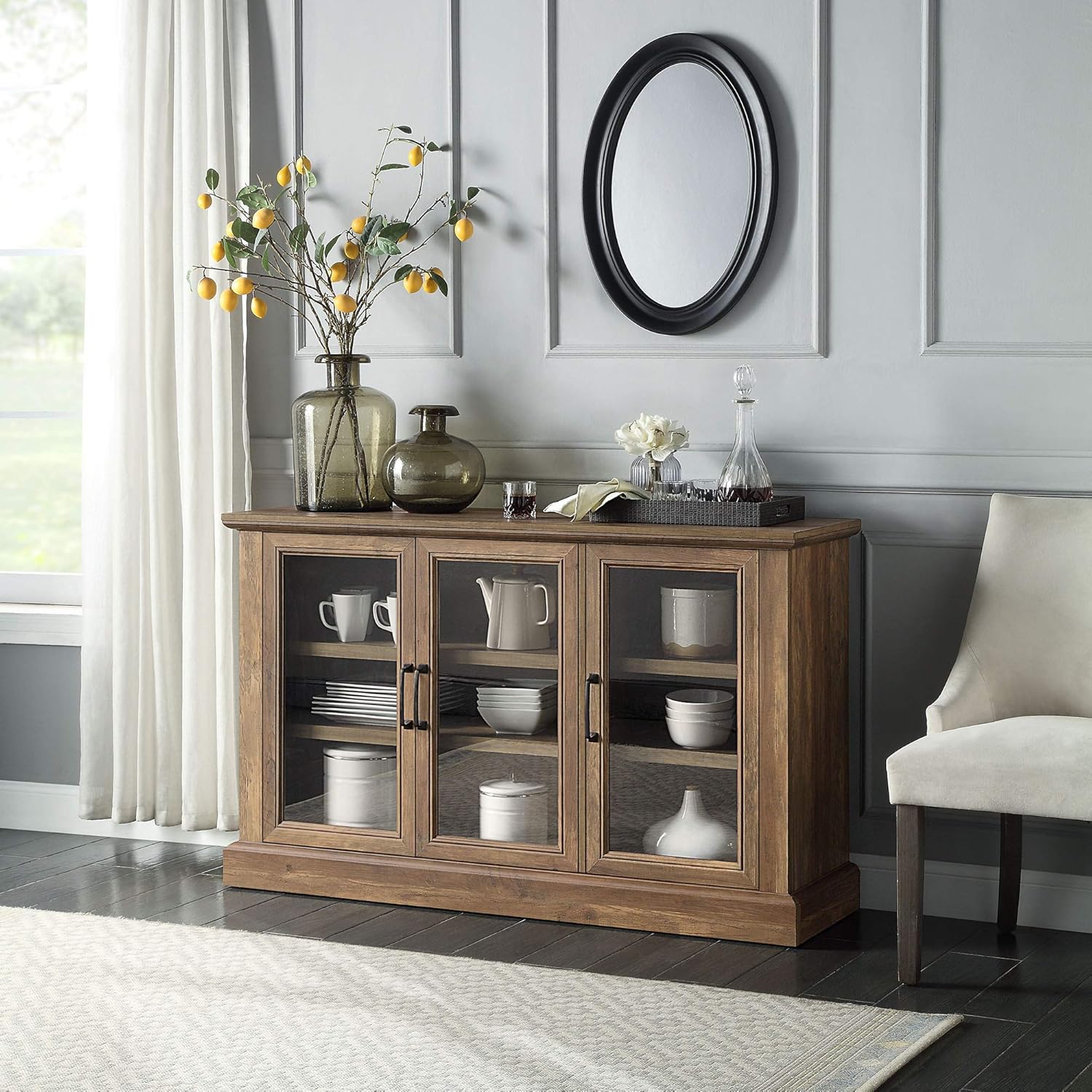 Farmhouse Wood Sideboard Buffet Entertainment Center with Storage Cabinet, Glass Doors, and Adjustable Shelves L146