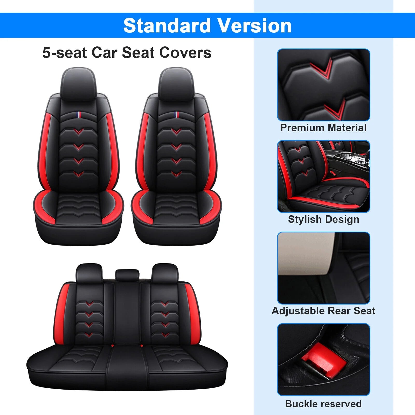 Black & Red Waterproof Leather Car Seat Covers Full Set T962460