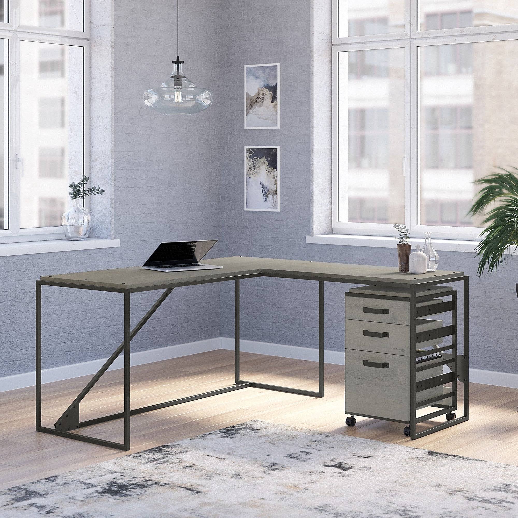 Industrial L Shaped Desk with 3 Drawer Mobile File Cabinet, 62W, Cottage White B690