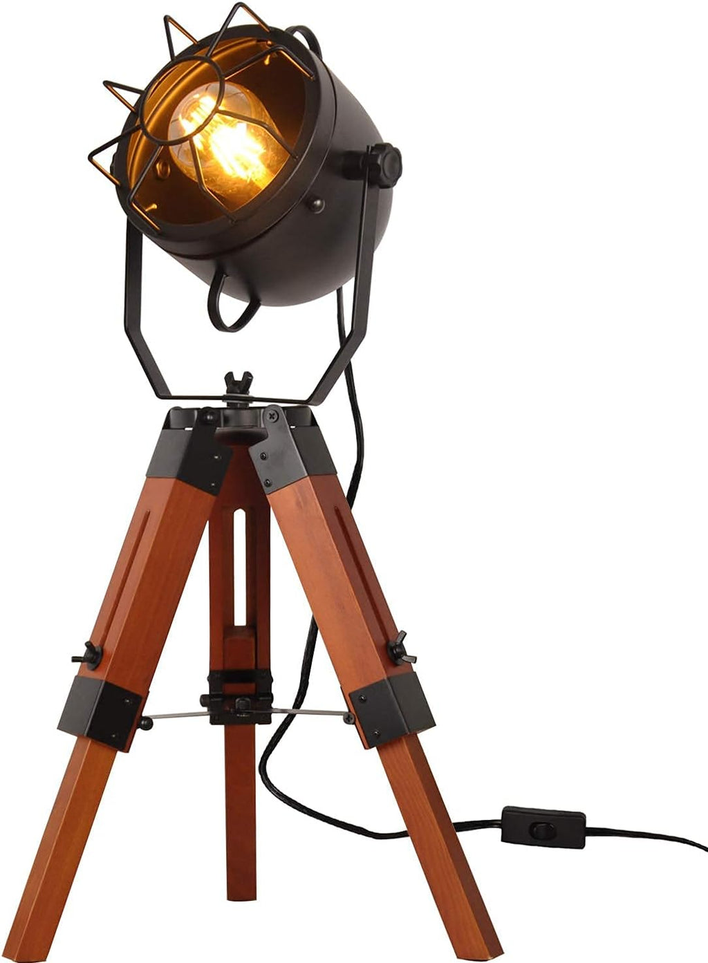 Vintage Adjustable Wood Tripod Floor Lamp with Black Cage Lampshade I835