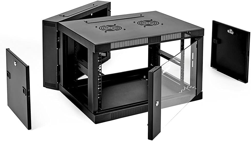 6U Wall-Mount Network Cabinet Enclosure, 650mm Depth, Hinged Back, Swing Gate Server Cabinet, Locks, Reversible Glass Front Door, 2 Fans C965879