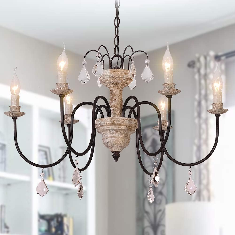 Retro French Chandelier 6 Lights White Distressed Wood Rust Metal Arms W27.6'' N561169