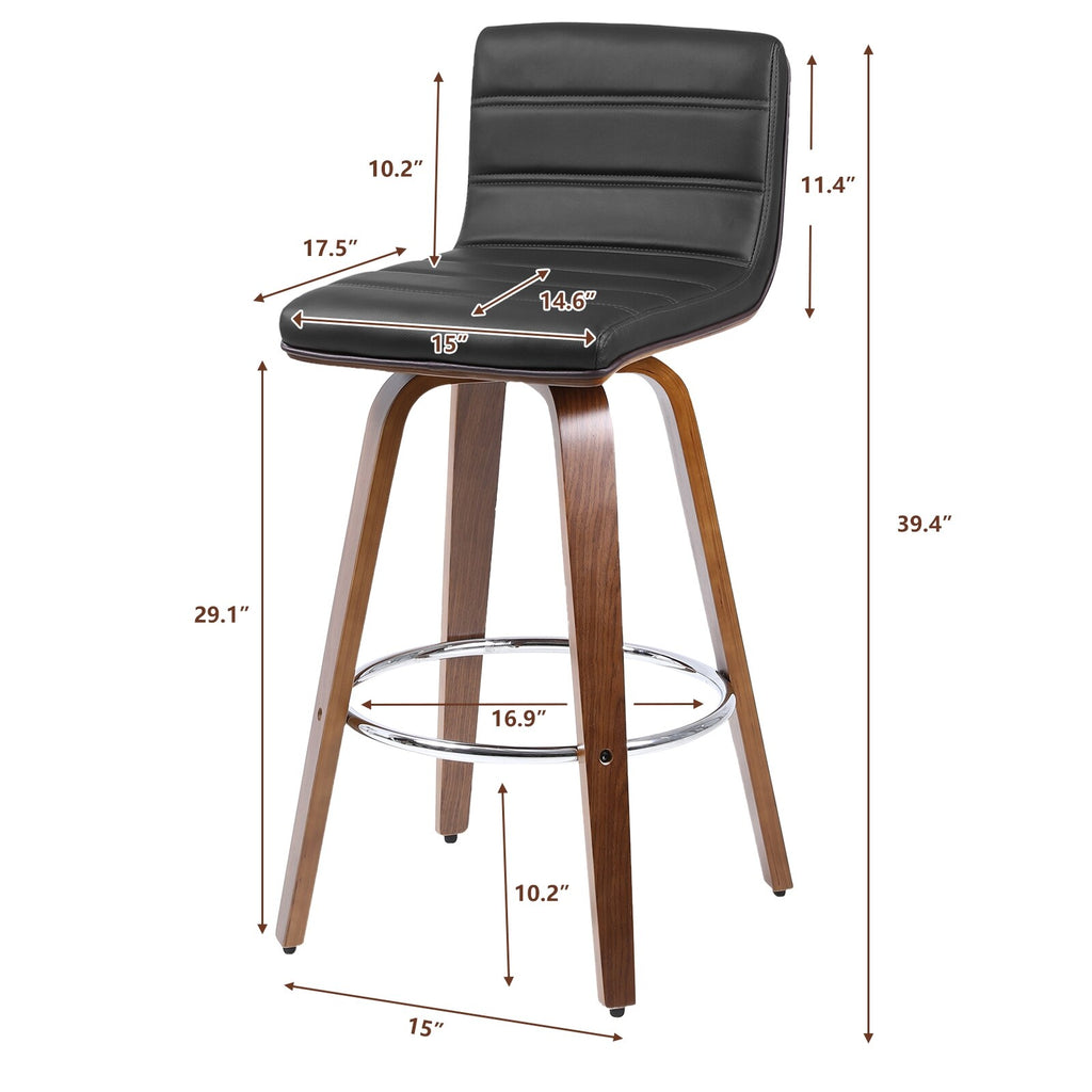 Swivel Wood Bar Stools PU Leather Upholstered Counter Stools Set of 2 Black Total Height 39.4" S442