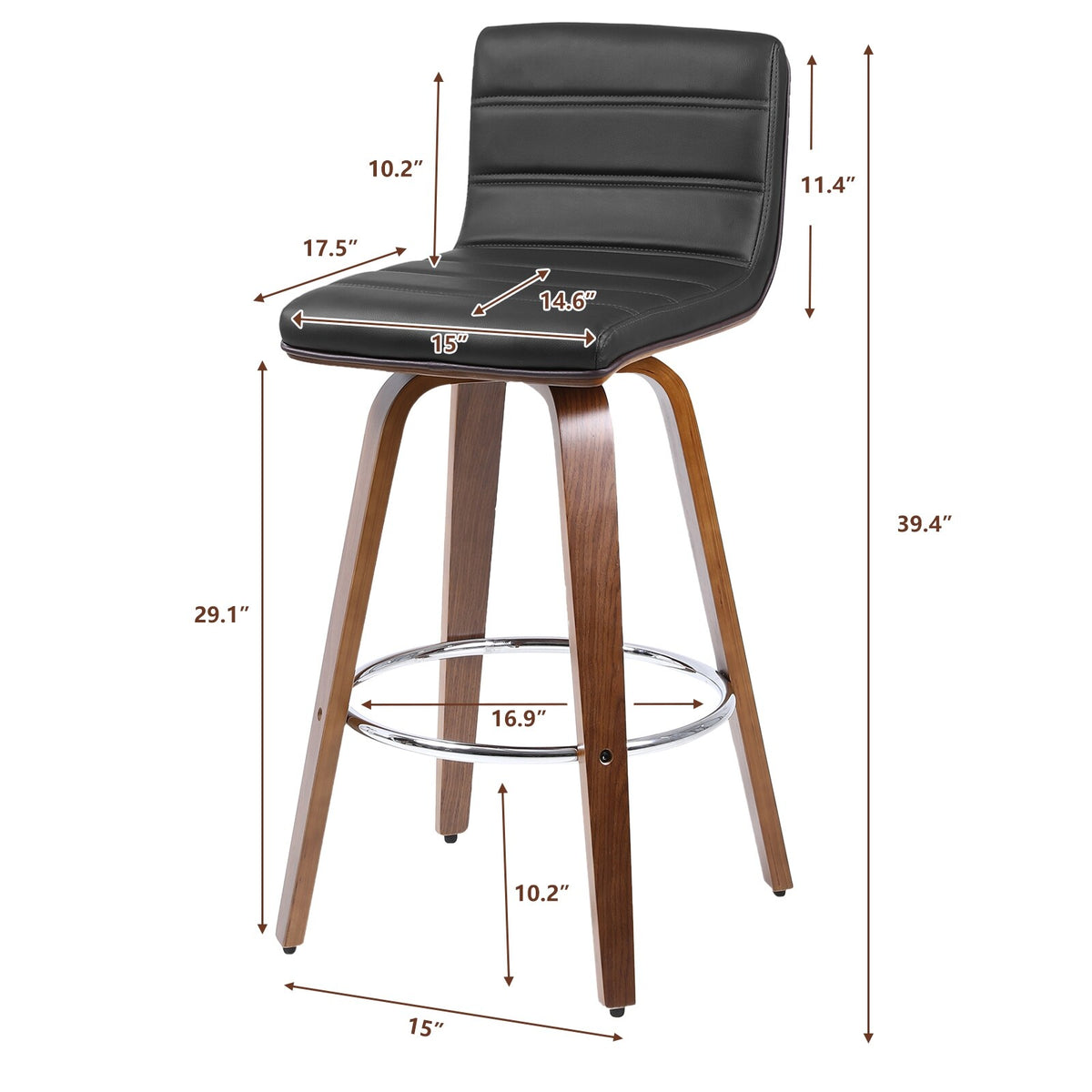 Swivel Wood Bar Stools PU Leather Upholstered Counter Stools Set of 2 Black Total Height 39.4" S442