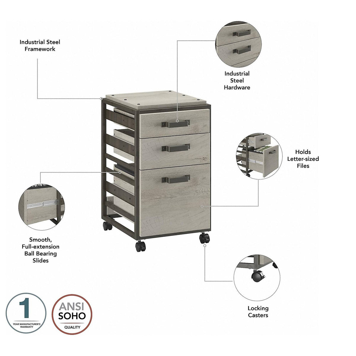 Industrial L Shaped Desk with 3 Drawer Mobile File Cabinet, 62W, Cottage White B690