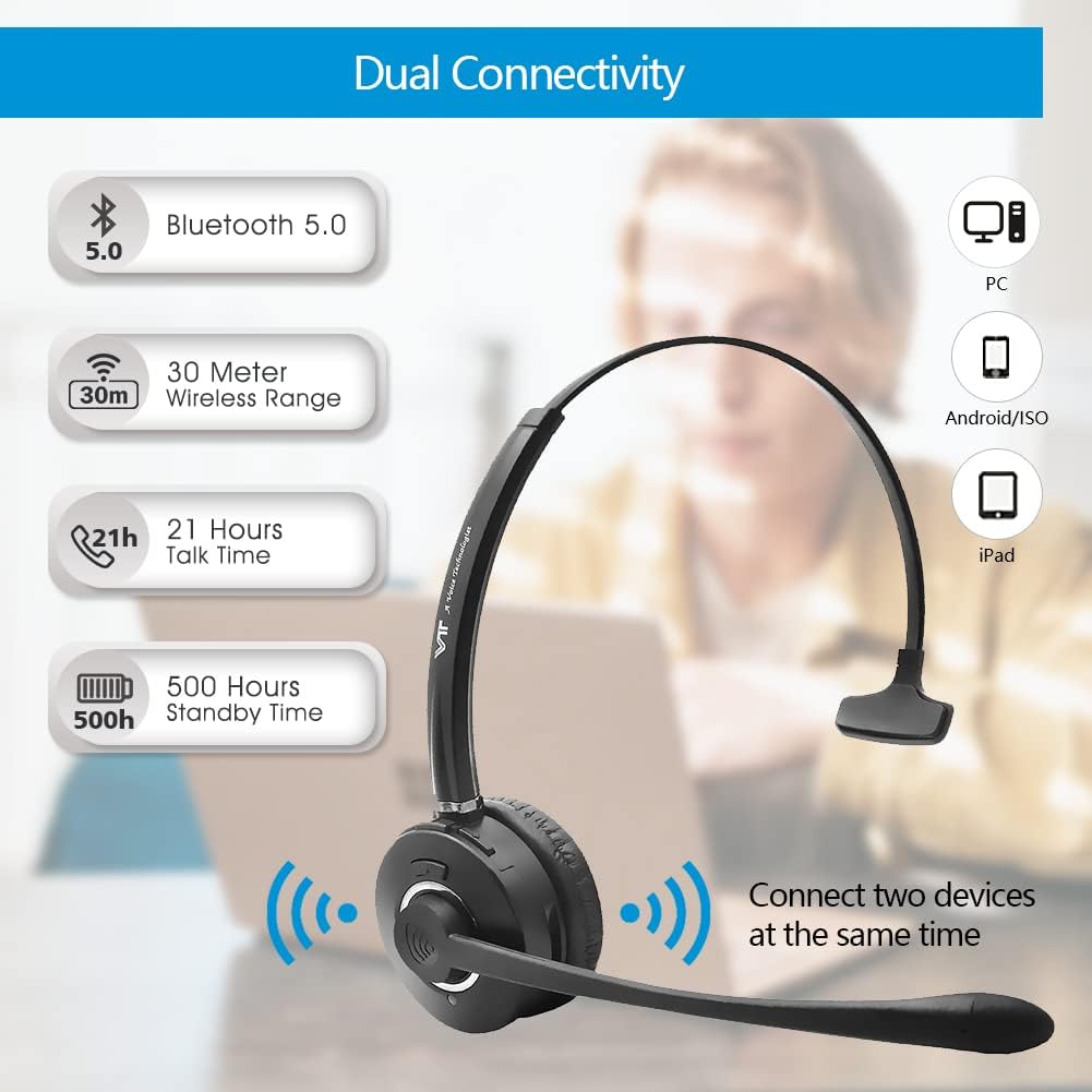 Bluetooth Headset with Noise-Cancelling Microphone, Wireless Headphone, Pack of 2 Y911801