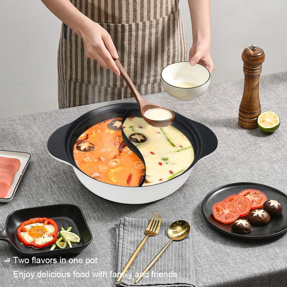 11 Inch White Non-Stick Shabu Shabu Pot with Divider O541
