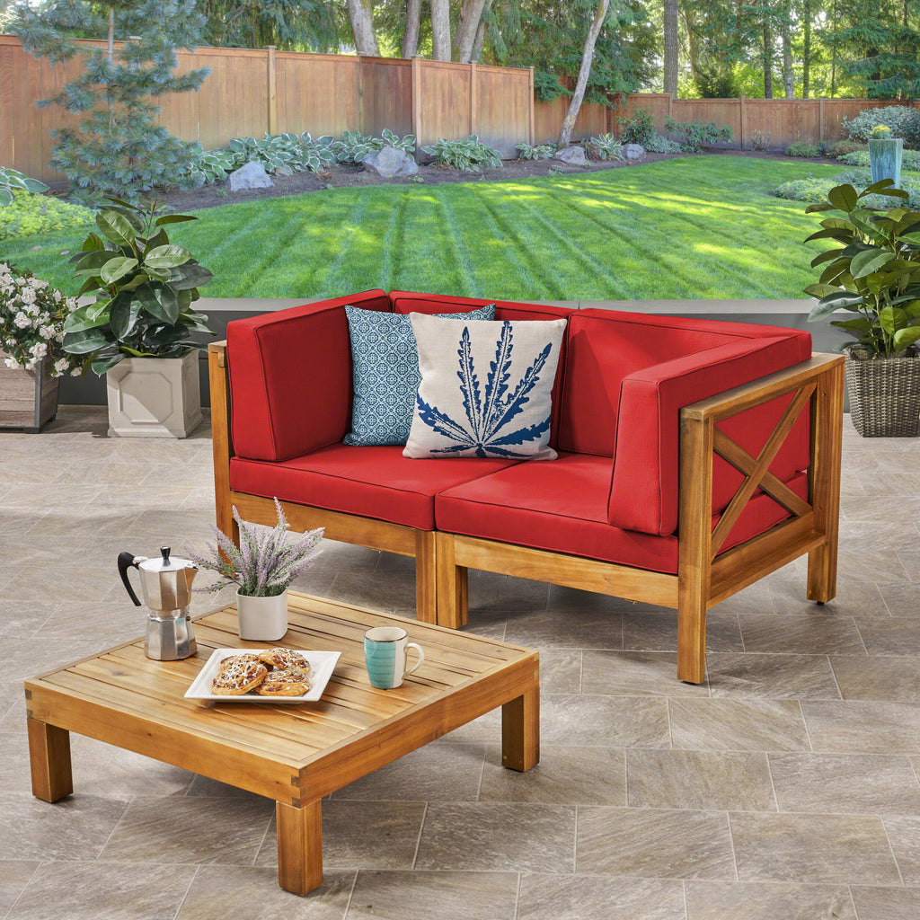 Brown Acacia Wood Sectional Loveseat with Coffee Table R1566