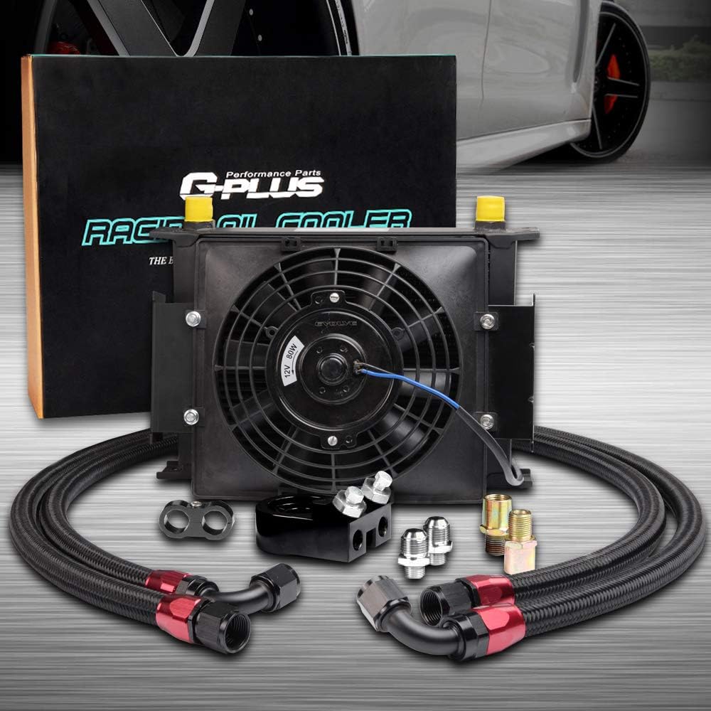 30 ROW Universal Engine Aluminum Oil Cooler Kit with 7" Electric Cooling Fan and Oil Filter Adapter Kit G31414