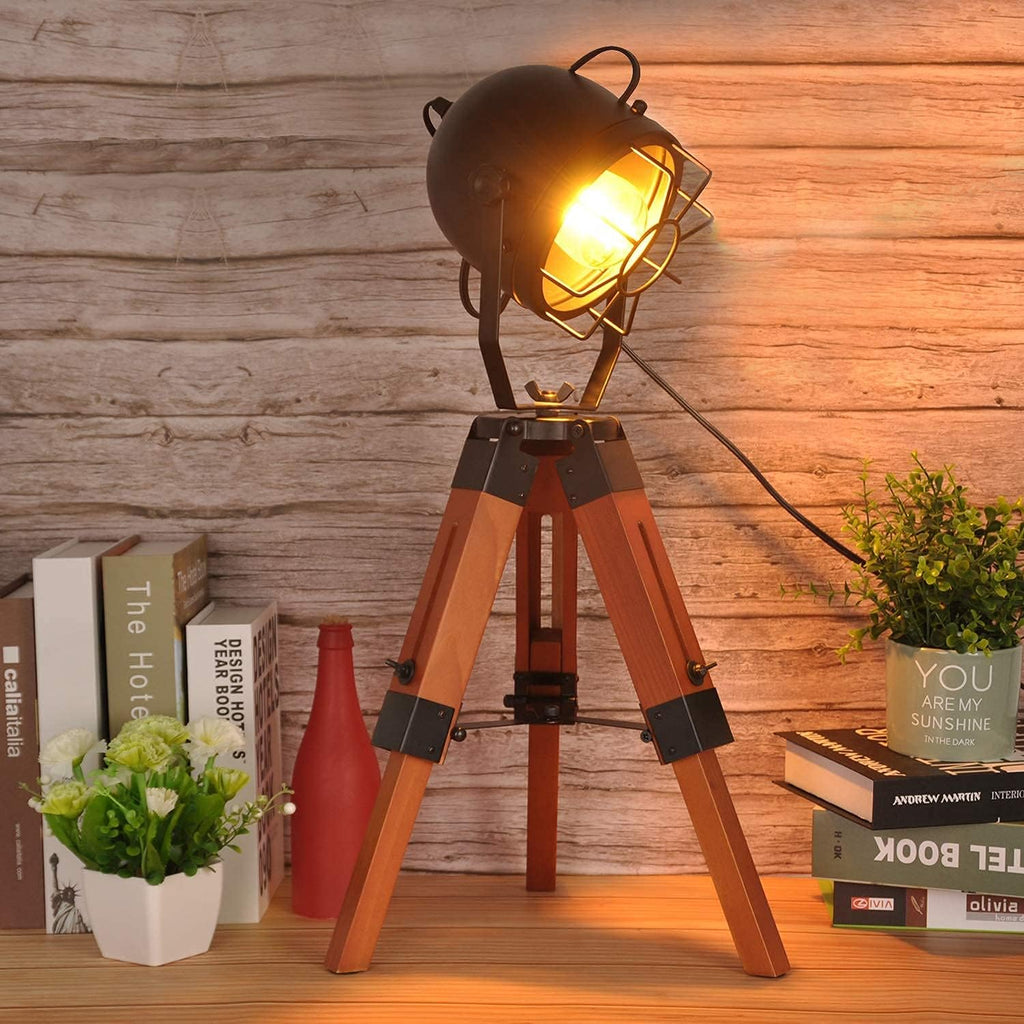 Vintage Adjustable Wood Tripod Floor Lamp with Black Cage Lampshade I835