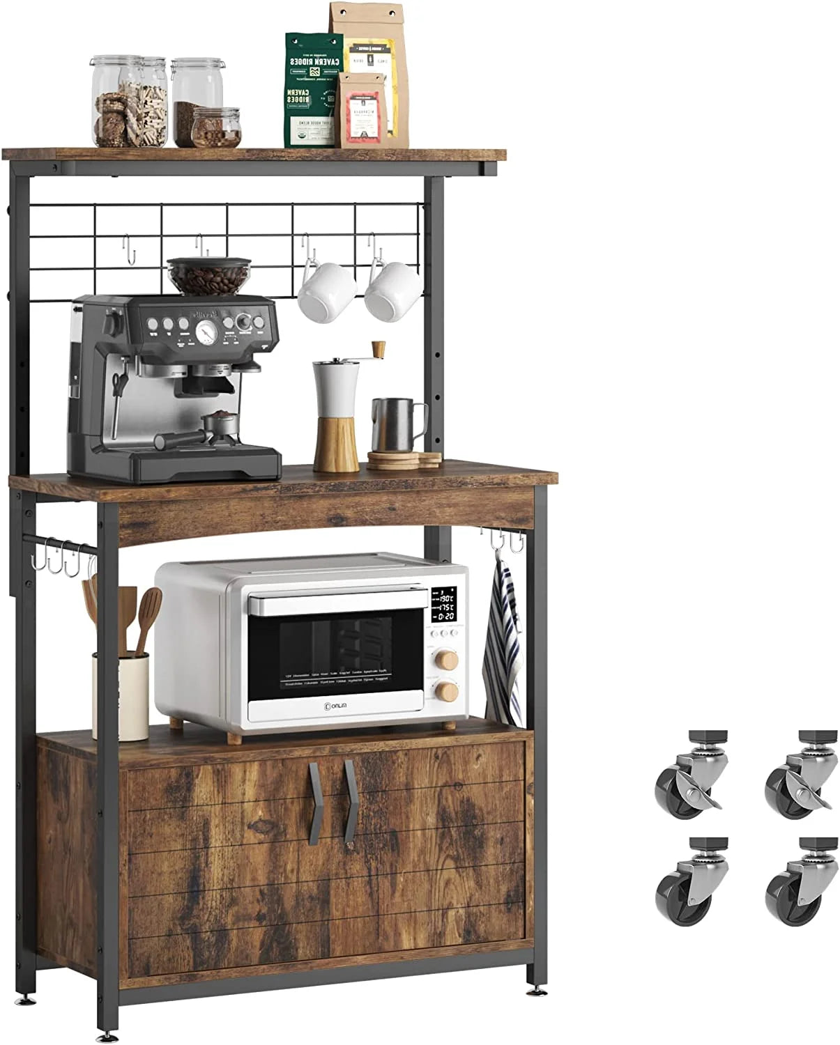 Rustic Brown Bakers Racks with Storage Cabinet, Height-Adjustable 45" to 55" Microwave Stand with Wheels & Feet H23204