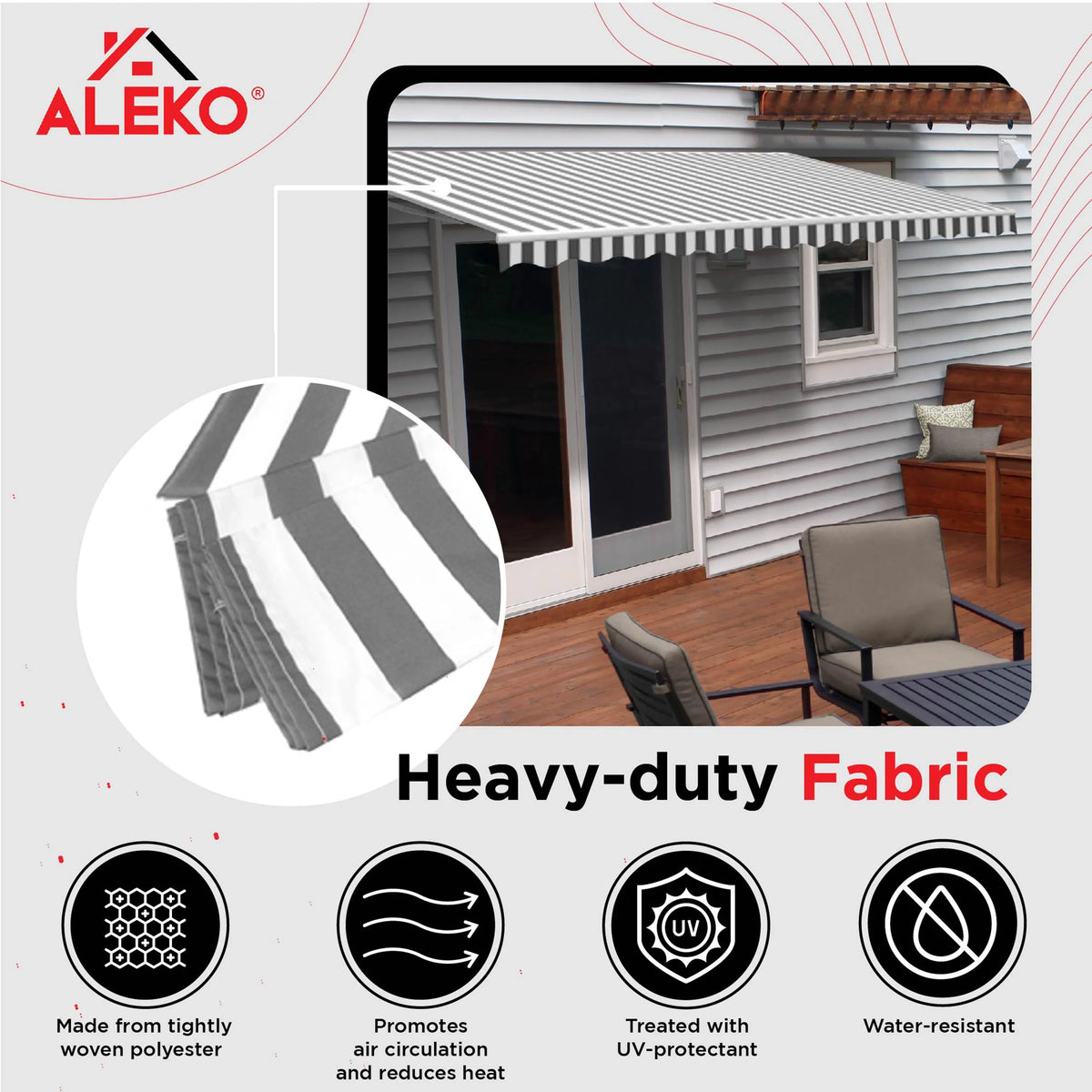 Grey White Striped Motorized Retractable Patio Awning I37924
